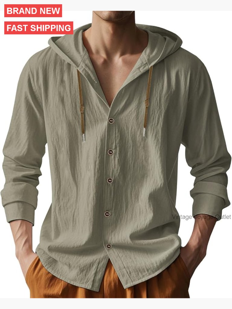 Men's Cotton Linen Hooded Button Down Shirt Long Sleeve Summer Casual